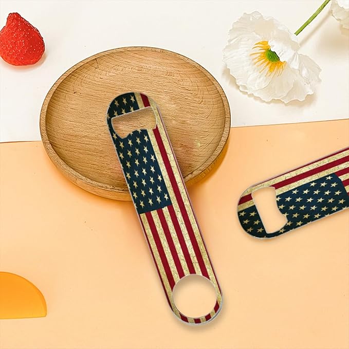 2 PACK Beer Bottle Opener, Stainless Steel Flat Bottle Openers,7 inch Metal Decor,Vintage United States Of America Flag