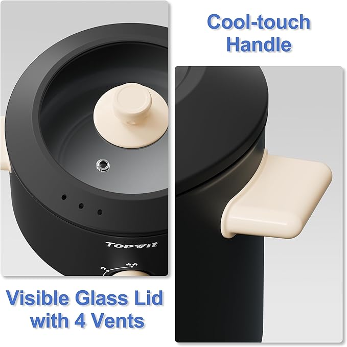 TOPWIT Hot Pot Electric, 4L Electric Pot with Non-Stick Coating, Dual Power Electric Cooker for Deep Frying, Steak, Pasta, Multi-Functional Large Capaity Shabu Shabu Pot for Party, Dark Black