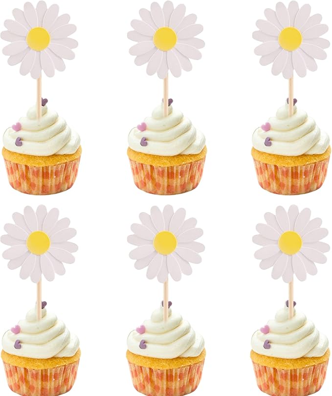 24Pcs Daisy Cupcake Toppers Flower Cake Topper Decorations Daisy Cake Decorations Chrysanthemum Cupcake Toppers Spring Daisy Flower Cake Picks for Birthday Wedding Supplies White