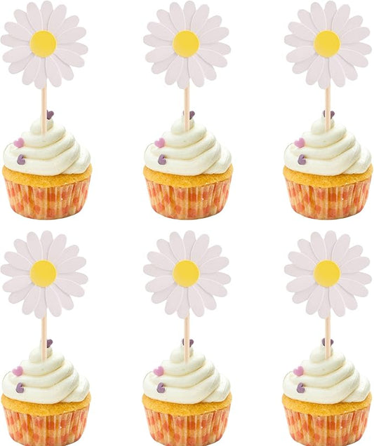 24Pcs Daisy Cupcake Toppers Flower Cake Topper Decorations Daisy Cake Decorations Chrysanthemum Cupcake Toppers Spring Daisy Flower Cake Picks for Birthday Wedding Supplies White