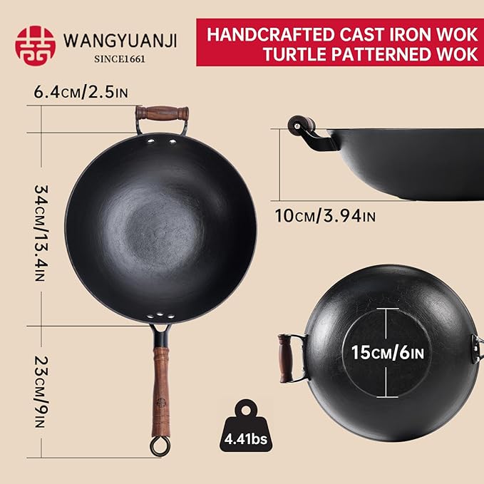 WANGYUANJI Cast Iron Wok,13.4 inch Flat Bottom Wok with Glass Lid,Suitable for All Cooktops, Uncoated Craft Pot Healthy Cooking Pot