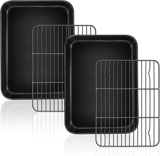 TeamFar Toaster Oven Pans with Racks Set, 9.25 x 7 x 1 Inch Carbon Steel Mini Baking Pan Tray with Rack for Roasting Cooling, Non-Toxic & Heavy Duty, Nonstick & Easy Clean, (2 Pans & 2 Racks)