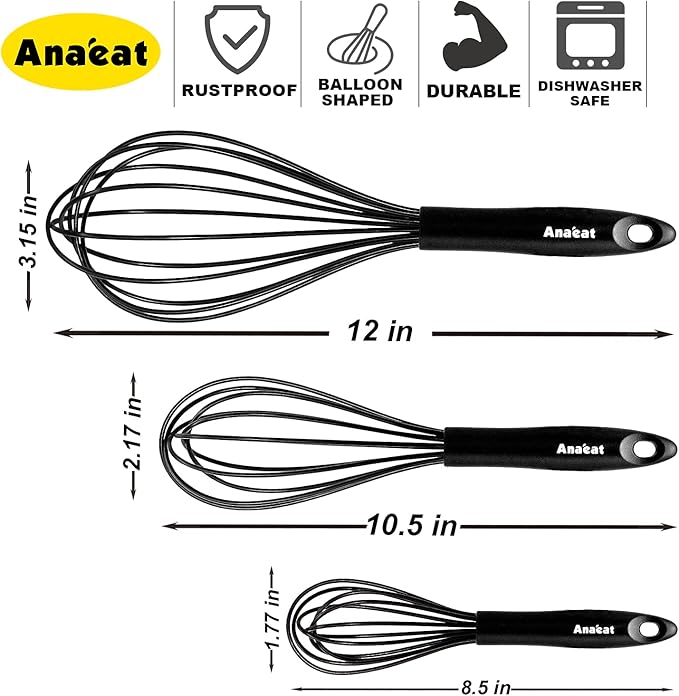 Anaeat Silicone Balloon Whisk, Perfect for Non-Stick Cookware, Milk and Egg Beater Blender, Heat Resistant Kitchen Whisks for Whisking, Cooking, Baking, Beating, Frothing & Stirring (Black)