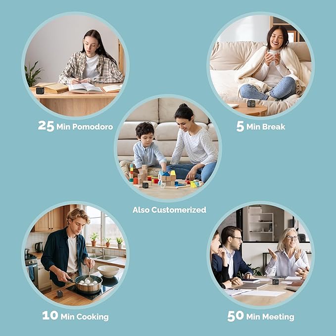 KADAMS Pomodoro Cube Timer Productivity Visual Timer - 5/10/25/50 Min Rotating Countdown, Customize Countup Silent Mode- for Work Study Cook Workout Kitchen Back to School Classroom(Black)