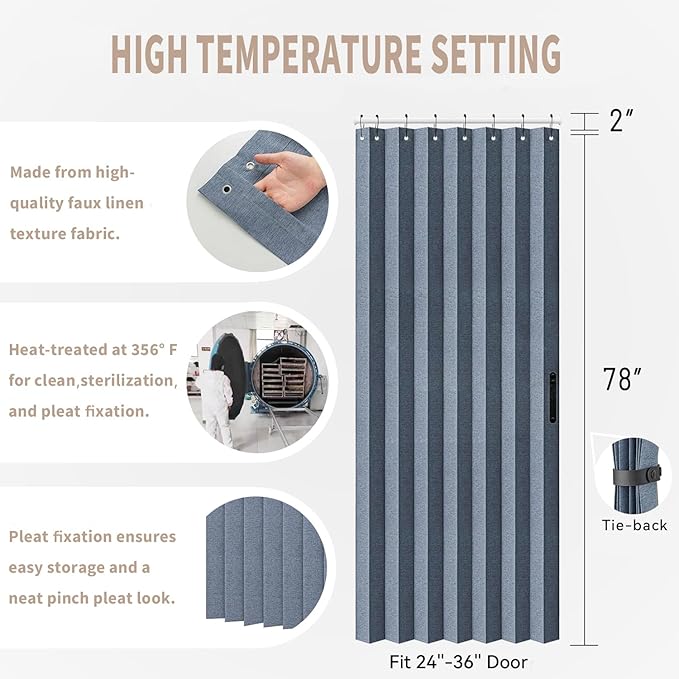 Vatge Accordian Style Door Curtains for Bedroom, and Closet Without Door, Room Divider Curtain for Living Room/Bathroom/Bedroom, 1 Panel with Tieback, W39 x L78, Blue