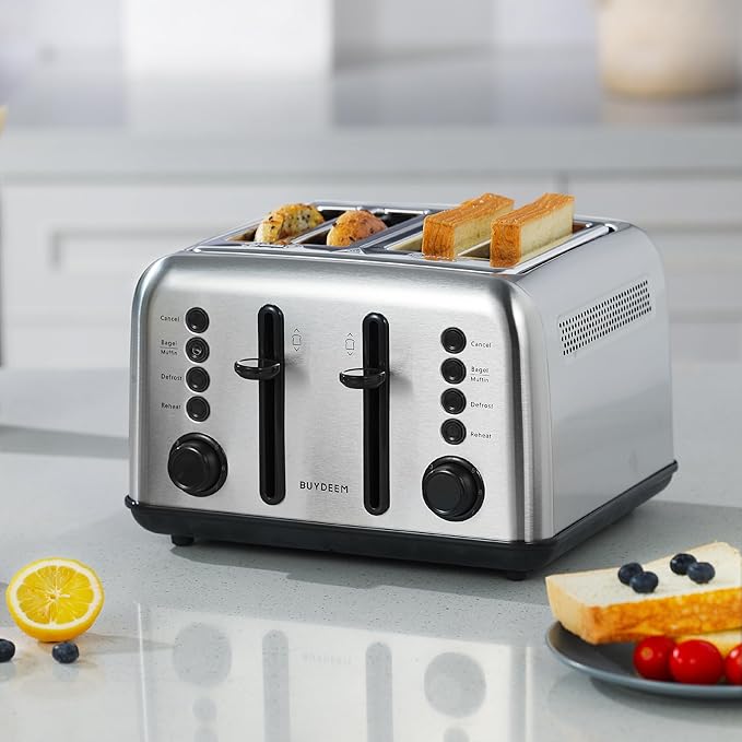 BUYDEEM DT640 Retro 4 Slice Toaster, 7 Shade Settings, Extra Wide 1.5'' Slots, Stainless Steel Toaster with Bagel Muffin Defrost Reheat Function, Retro Silver