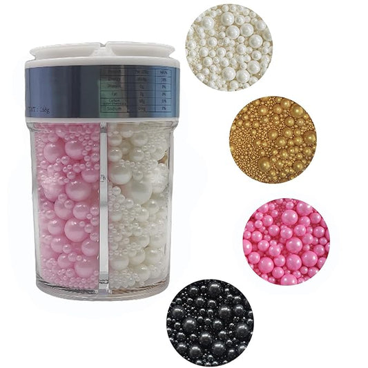 Edible 4 in1 Pearls Sugar Sprinkles 6 oz, Mix size Candy Pearl for Cake Decorating and Cupcake Toppers Cookie Decorations Ice Cream Topping Wedding Halloween Christmas(White,Black,Gold,Pink)