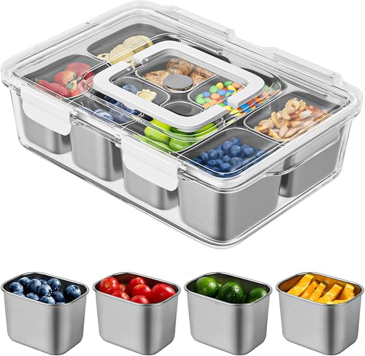 Snackle Box Container, Stainless Steel Divided Serving Tray with Lid and Handle, 8 Compartment Portable Snack Platters - Clear Storage Organizer for Fruit Candy Nuts Veggie - Perfect for Travel Party