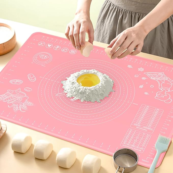Silicone Pastry Mat 28" x 20" Extra Thick Non Stick Baking Mat with Measurements and Edge Heightening, Food Grade Silicone Rolling Mat for Pastry, Bread, Cookies, Pizza, Fondant, Pasta - Pink