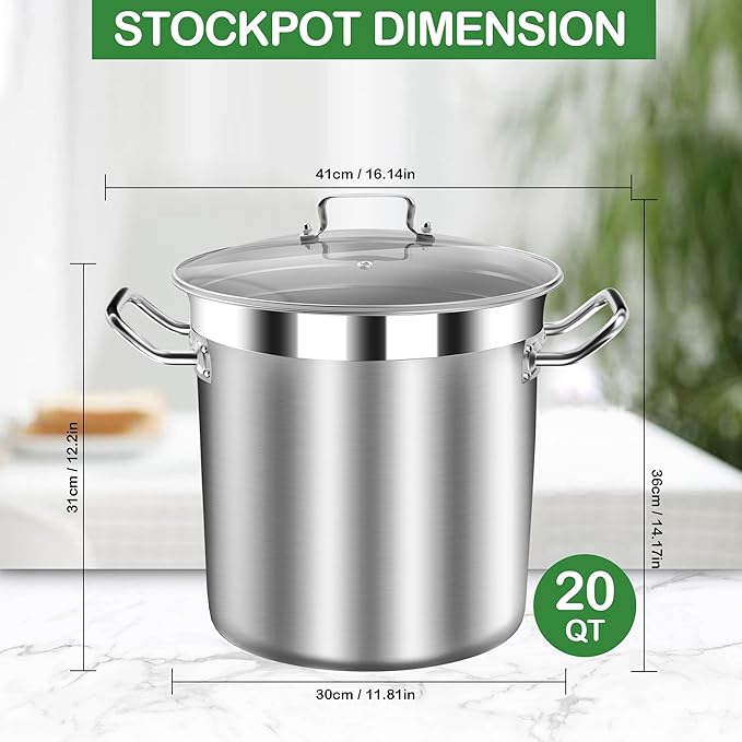 Stainless Steel 20 Quart Stockpot with Tempered Glass Lid, 3-Ply Base, 8.8 lbs, Polished Finish, Suitable for Stovetop and Oven