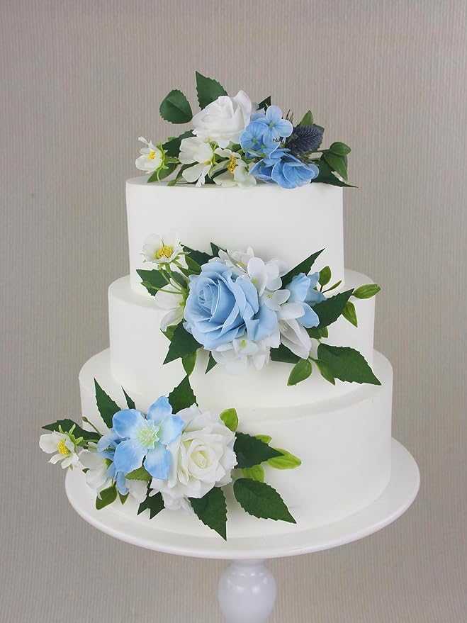 Rinlong 3Pcs Pre-made Flower Cake Topper Cake Decorations Baby Blue Wedding Cake Decorating Flowers Cake Decor Baptism Girl Women Birthday Party Bridal Baby Shower