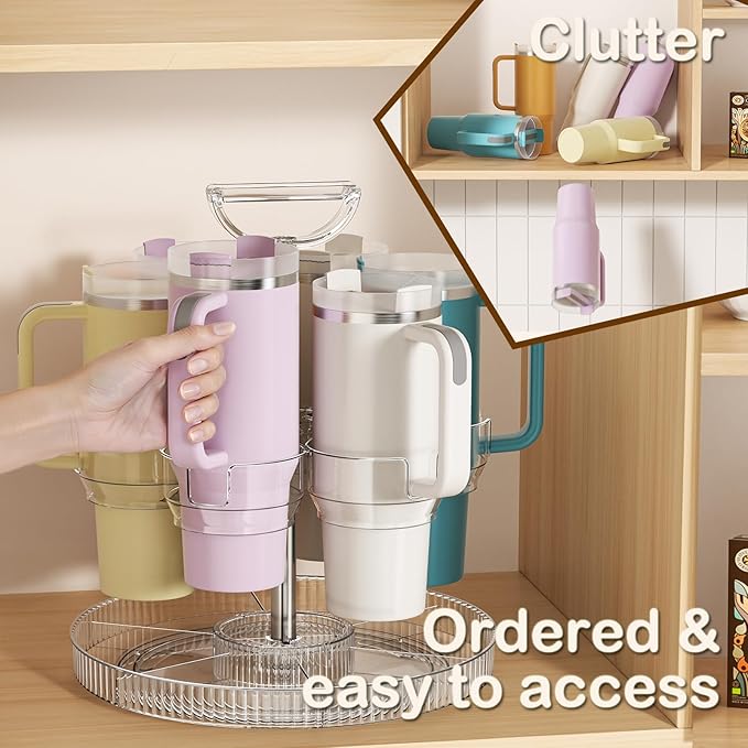Rotating Stanley Cup Holder, Portable Water Bottle Organizer for 6 Stanley 40 oz & Mug, Adjustable Lazy Susan Organizer for Table Top Cabinet Home Countertop Pantry Shelf Tumbler Lid Organizer