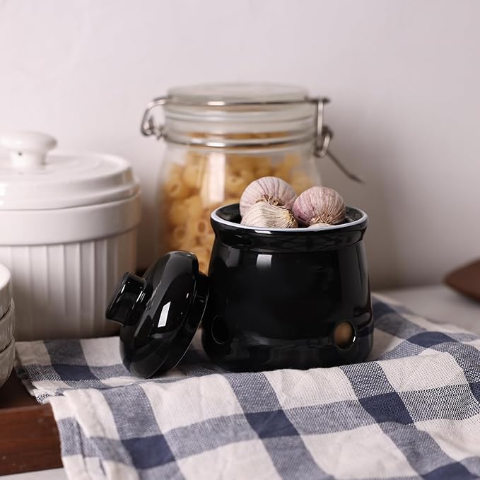 HAOTOP Ceramic Mini Garlic Keeper with Lid, Garlic Container Saver for Countertop, Keep Your Garlic Cloves Fresh (Black)