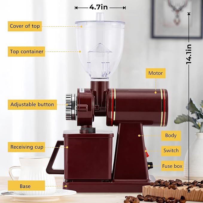 Burr Coffee Grinder - Electric Espresso Grinder for Home & Commercial Use, Silent, Adjustable Grind, With Hopper, Brush, Spoon, Red