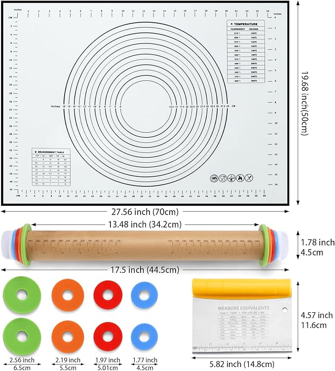 Unokit Rolling pin 3-Piece Set, 17.5" Rolling Pin with Adjustable Thickness Rings, Wooden Dough Roller, Rolling Pins for Baking Pizza, Pasta, Bread - Baking Essentials