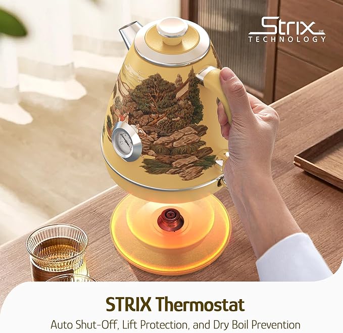 Hazel Quinn Retro Electric Kettle - 1.7 Liters / 57.5 Ounces Tea Kettle with Thermometer, All Stainless Steel, 1200 Watts Fast Boiling, BPA-free, Cordless, Automatic Shut Off - Garden Scenery