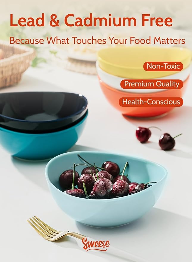 Sweese 6 Inch Porcelain 18 oz Bowls Set of 6, for Soup | Cereal | Fruits | Rice - Microwave, Dishwasher, and Oven Safe - Hot Assorted Color