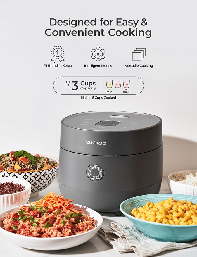 CUCKOO Rice Cooker 3 Cup Uncooked / 6 Cup Cooked, Modern Fuzzy Logic Rice Cooker Small with Delay Timer & Keep Warm Setting, Versatile Food Steamer for Cooking, Non-Stick Inner Pot, Gray (CR-0375FG)