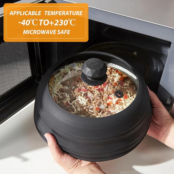 Microwave Splatter Cover Vented Glass Splatter Guard Lid with Collapsible Silicone for Food as Pot Cover Plate 9.8 inch Black