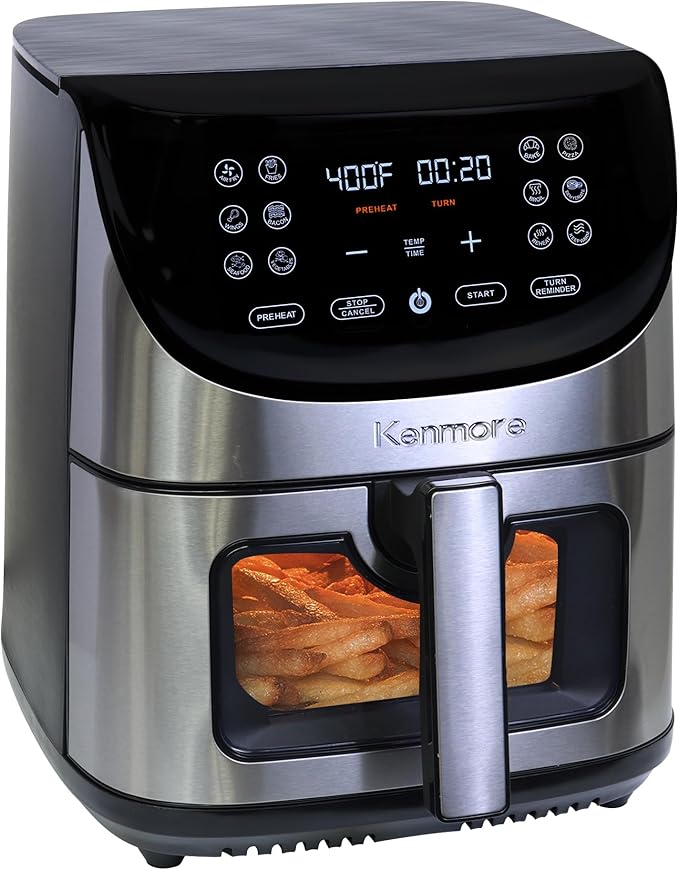 Kenmore 8 Quart Air Fryer - Aerogrill, Non-Stick Frying Basket, French Fry, Digital Touch Screen, 12 Presets, Freidora Eléctrica, Countertop Cooking Kitchen Appliance, Stainless Steel, Black