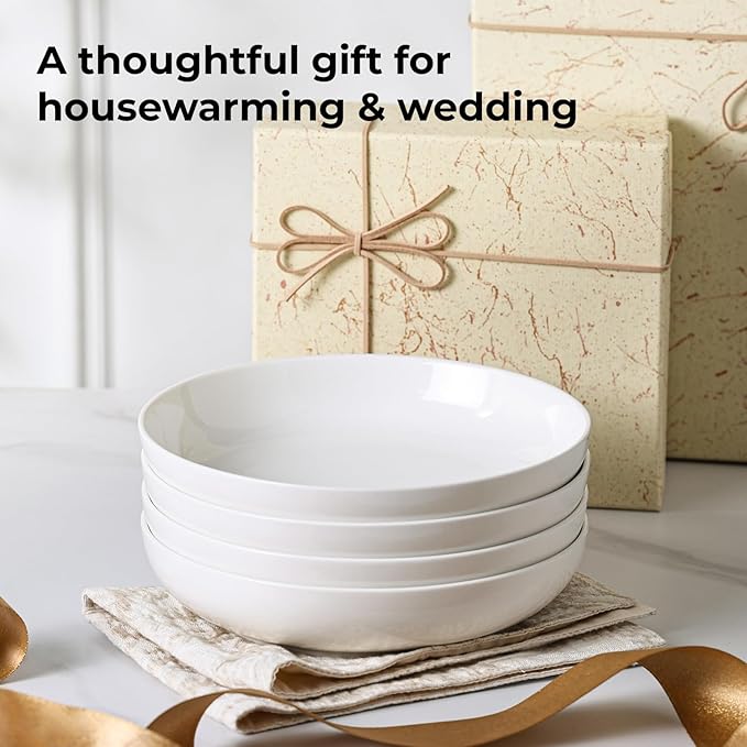Y YHY Pasta Bowls, 27 Ounces Salad Bowls, Ceramic Serving Bowl Set of 4, 7.8 Inch Porcelain Pastes for Serving Dinner and Salad，Wide and Shallow Bowls Set, Microwave and Dishwasher Safe, White
