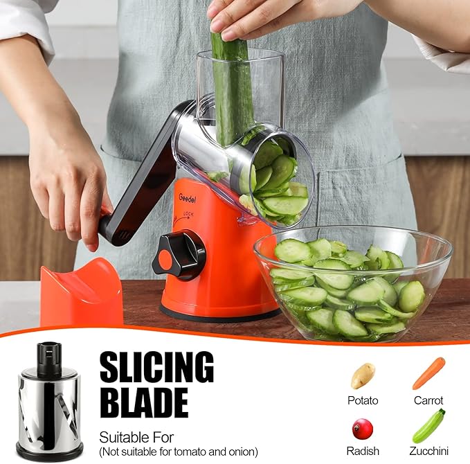 Geedel Rotary Cheese Grater, Kitchen Mandoline Vegetable Slicer with 3 Interchangeable Blades, Easy to Clean Rotary Grater Slicer for Fruit, Vegetables, Nuts