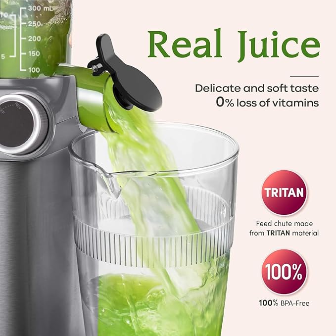 Cold Press Juicer, 200W Masticating Slow Juicer 4.3" Large Feed Chute Fit Whole Fruits Vegetables | Upgraded Auger | Tritan Material | BPA Free | Juice Recipes (Silver)