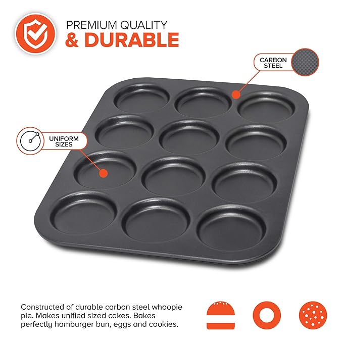 EXULTIMATE Muffin Top Pan Professional Pansuffin Pan Non Stick 12 Cavity Baking Moon Pie Whoopie Pie Hamburger Bun