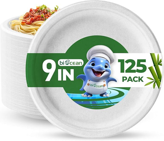 9 Inch Compostable Plates White [125 Pack] - Heavy Duty Compostable Paper Plate, Disposable Eco-Friendly Sugarcane Bagasse Plates for Dinner, Party, and Weddings (Round)