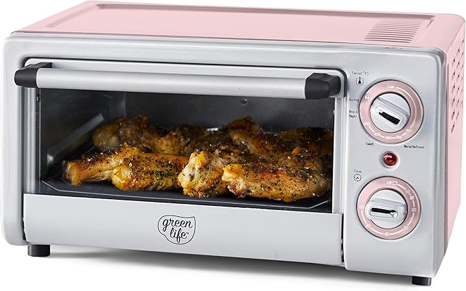 GreenLife Countertop Toaster Oven Air Fryer Stainless Steel, Healthy Ceramic Nonstick, PFAS and PFOA-Free, Tray & Basket, Bake, Broil, Reheat, Adjustable Temp & Time Control, Auto Shutoff, Pink