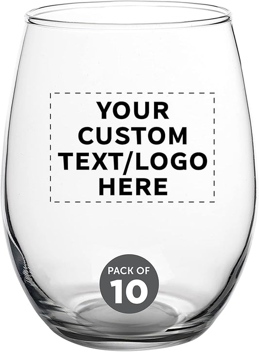 Custom Stemless Wine Glasses in Bulk by ARC Perfection, 15 oz, 10 pack, Personalized Text, Logo, Red or White Wine Glass Set, Black