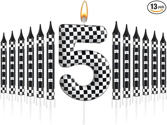 13 Pcs Racing Cars Themed Birthday Candles Black and White Race Number 5 Checkered Candle Cake Topper for Racing Car Party Decoration Supplies (Number 5)