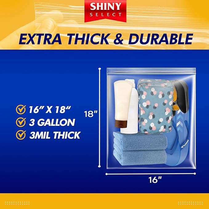 Extra Large Plastic Storage Bags With Zipper Top 3 Gallon 16" x 18" Jumbo Size Bag Heavy Duty 3 Mil Thick Clear X-Large Big Zip Bags for Food Freezer Clothes Travel Moving (12)