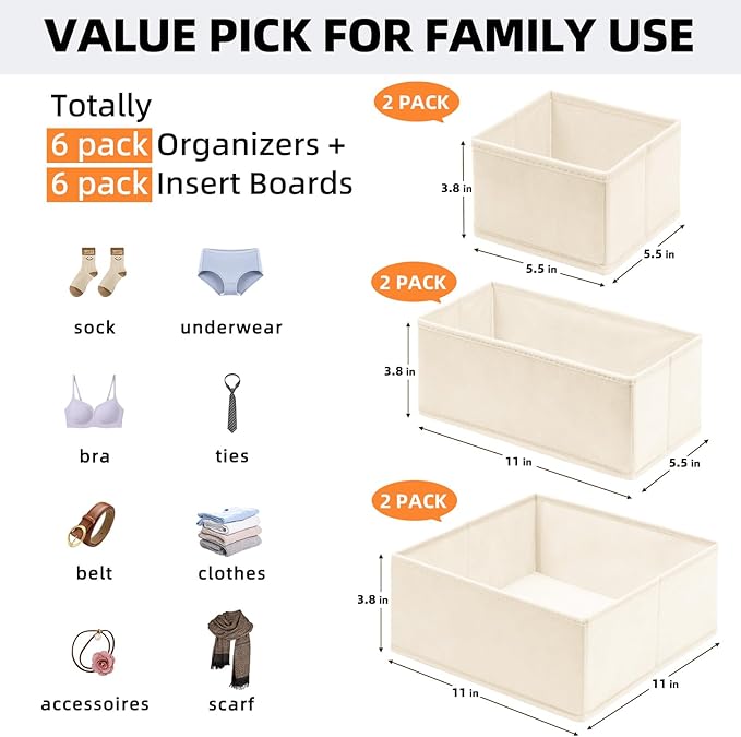 Criusia Drawer Organizer Clothes 6 Pack - Sock Underwear Drawer Organizer Divider - Dresser Organizer Bins for Closet Bedroom - Baby Clothes Organizers and Storage for Nursery Organization -Beige