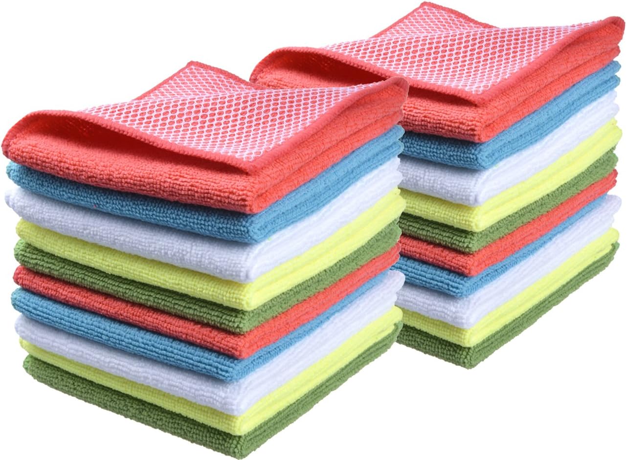 SINLAND 5 Color Assorted Microfiber Dish Cloth Best Kitchen Cloths Cleaning Cloths with Poly Scour Side 12Inchx12Inch 20 Pack (Pinkx4+bluex4+whitex4+yellowx4+greenx4)