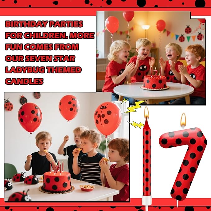 13PCS Ladybug Theme Birthday Candles Set - Red & Black Polka Dot Decorative Candles for Kids Ladybug Themed Parties, Baby Showers, Birthday Cakes, and Ladybird Inspired Celebrations(Number 7)