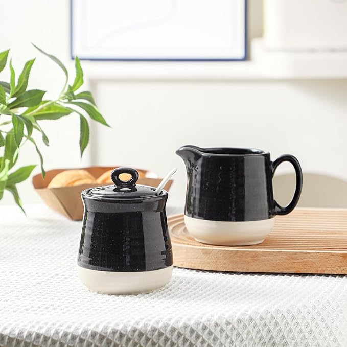 Hasense Sugar and Creamer Set, 3 Piece Porcelain Coffee Serving Set with Cream Pitcher, Sugar Bowl, Lid & Spoon, 10 Ounce Creamer Container and Sugar Pot, Farmhouse Decor (Black)