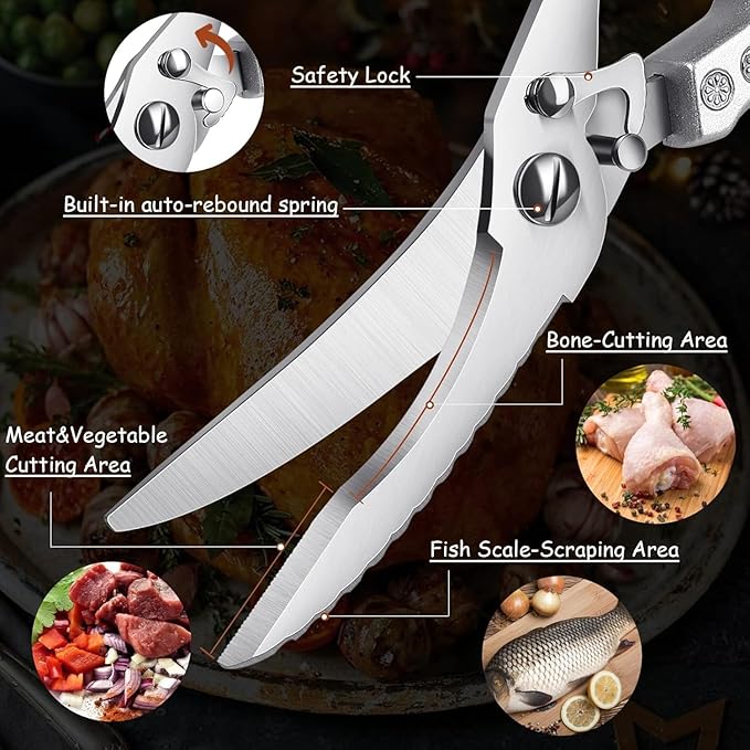 Dreach Reach Heavy Duty Poultry Shears with Serrated Edge - Kitchen Scissors For Chicken, Bone, Meat, Turkey, Fish - No Rust, Spring Loaded, Stainless Steel