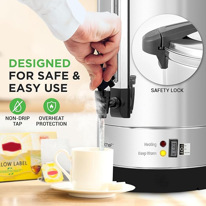 NutriChef Water Boiler and Hot Water Dispenser, 19L Electric Beverage Dispenser with Safety Lock Lid, Non-Drip Tap, Warm Function, Food Grade Stainless Steel, Home & Commercial Use, 19"x9"x9", Silver