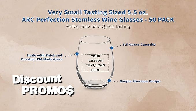 Custom Stemless Wine Glasses by ARC 5.5 oz. Set of 50, Personalized Bulk Pack - Perfect for Hotel, Bar, Restaurant or Lounge - Black
