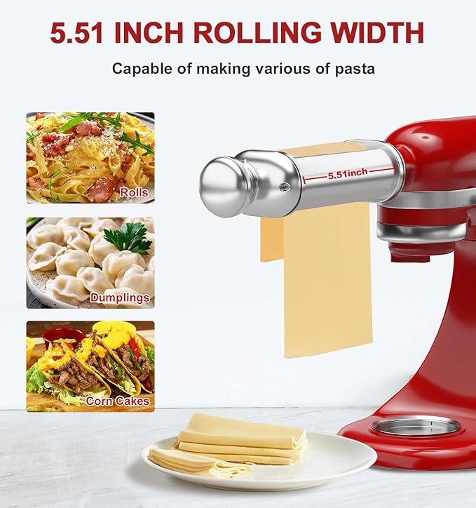 Pasta Roller Attachment for Kitchenaid Stand Mixer, Stainless Steel Pasta Maker Attachment with 8 Adjustable Thickness Knob, Dough Pasta Sheeter Roller for Raviolis Pasta