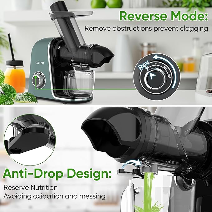 COZII Cold Press Juicer,Non-Clog Slow Masticating Juicer Soft/hard Mode & Quiet Motor,3.6 Inch Large Feed Chute For Vegetable and Fruit,Easy to Clean Juicer Machines,Dishwasher Safe,High Juice Yield