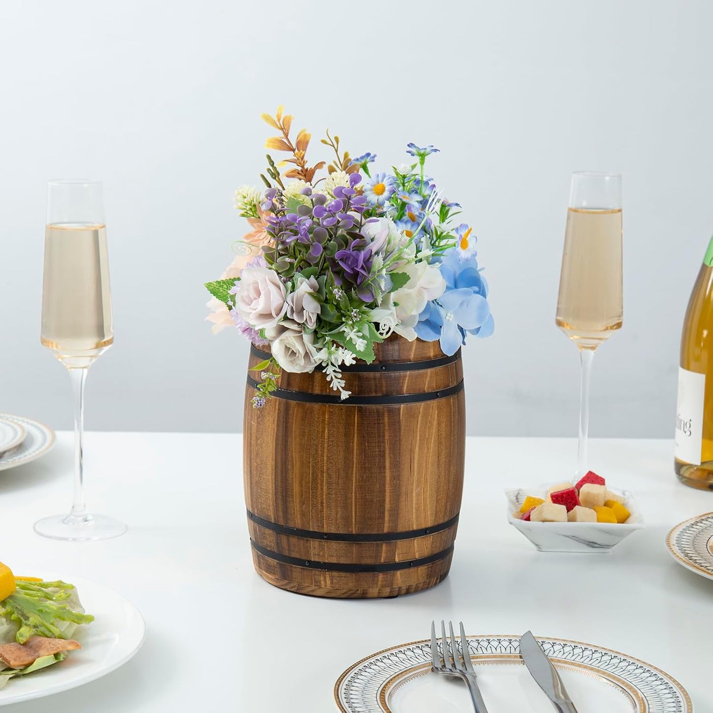 MyGift Wine Barrel Design Kitchen Utensil Crock, Vintage Rustic Burnt Wood Cooking Tool Holder