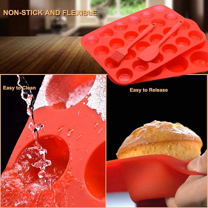 Silicone Muffin Pan Cupcake Set, Non-Stick Regular 12 Cups and Mini 24 Cups,Silicone Baking Molds,BPA Free Muffin Tin with 1 Silicone Spatula & 1 Oil Brush (Red)