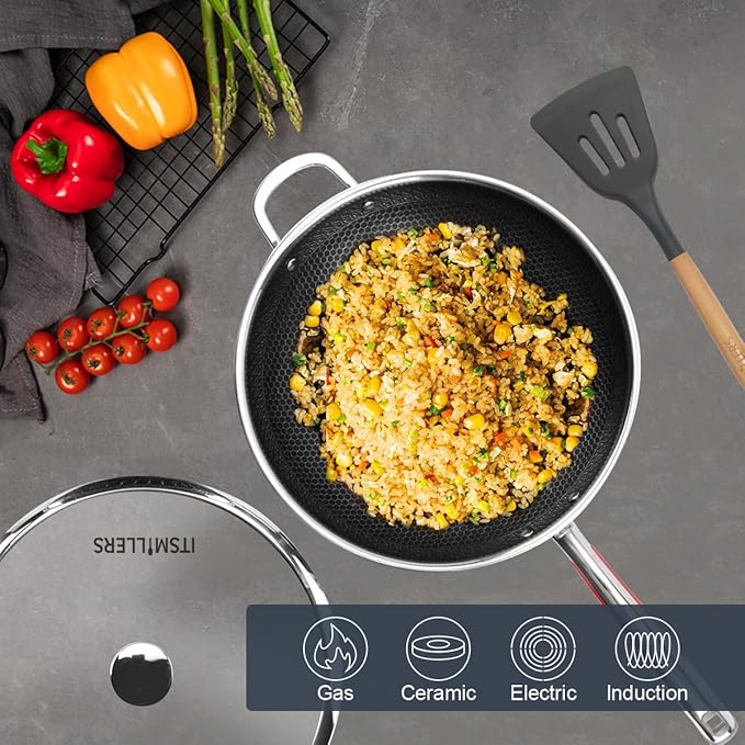 Tri-ply Stainless Steel Wok with Lid, 13.5'' PFOA Free Nonstick Stir Fry Pan, Induction Compatible, Dishwasher and Oven Safe, Scratch-resistant Surface