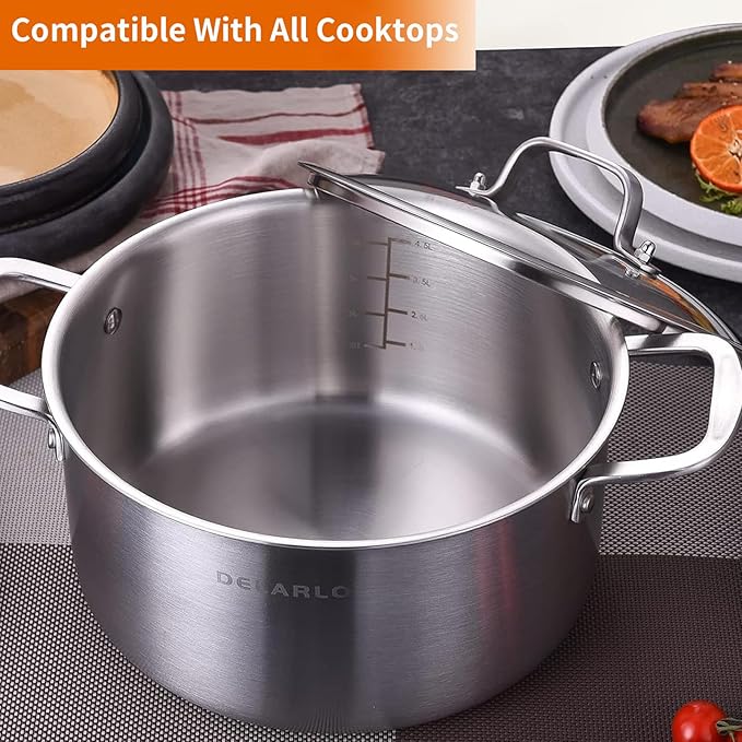 DELARLO Tri-Ply Stainless Steel Stock Pot, 5 Quart Stockpot with Lid, All Stoves Safe Up to 600℉, Saving Fuel 20%, Heavy Duty, Soup Pot with lid, Kitchen Essentials, Fast Even Heat