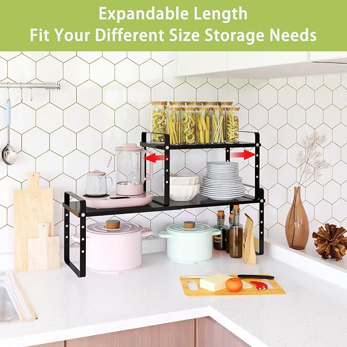 Expandable Cabinet Shelf Organizer Rack, Stackable Kitchen Countertop Organizer Storage Shelves, Adjustable Height Pantry Counter Shelf Riser Spice Rack (Black, 2 Pack)
