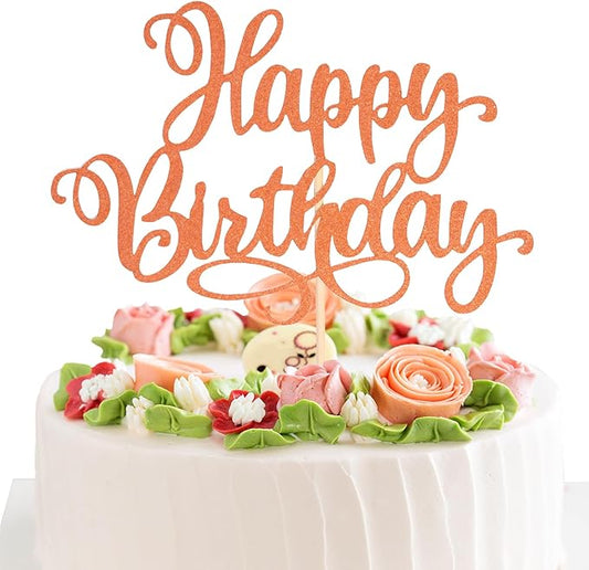 Happy Birthday Cake Toppers 9 Inch Glitter Happy Birthday Cake Pick for Birthday Anniversary Theme Party Cake Decorations Supplies - Orange