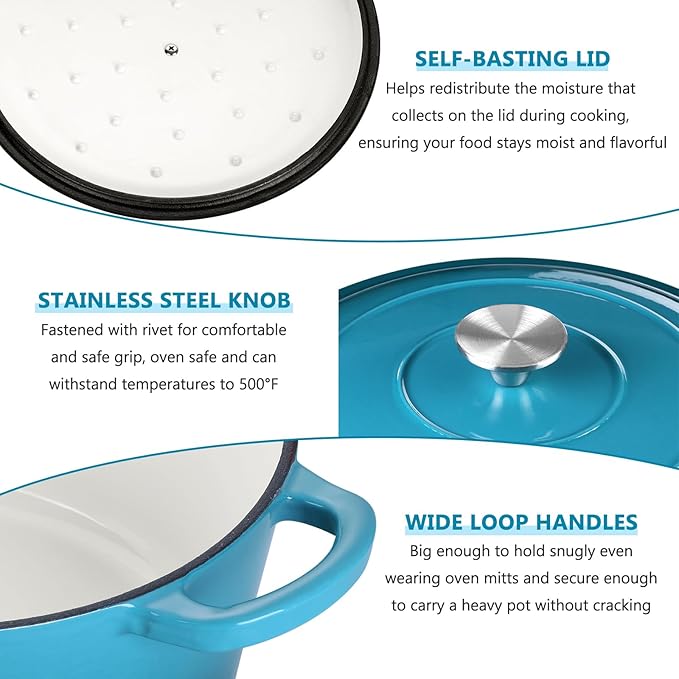 E-far 6 Quart Dutch Oven, Enameled Cast Iron Dutch Oven Pot with Lid, Nonstick Round Cookware for Braising/Stews/Roasting/Bread Baking/Cooking, Heavy Duty, Induction & Oven Safe - Teal Mist