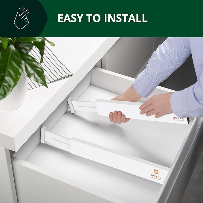 ROYAL CRAFT WOOD Adjustable Bamboo Caddy Expandable Drawer Organization Separators For Kitchen, Dresser, Bedroom, Bathroom and Office, 4-Pack (Large (up to 22)), White